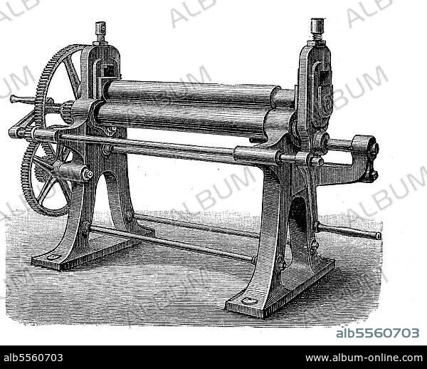 Werkzeuge für die Metallbearbeitung von Blech, 19. Jahrhundert: Rundmaschine, Biegemaschine, digital restaurierte Reproduktion einer Originalvorlage aus dem 19. Jahrhundert.