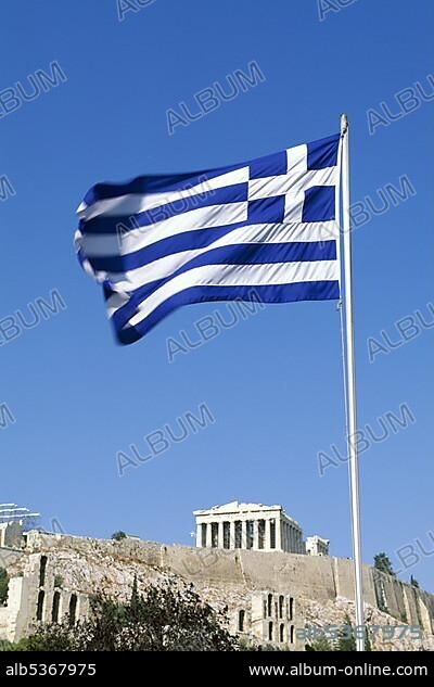 Greek flag at the Acropolis, Athens, Greece, Europe.