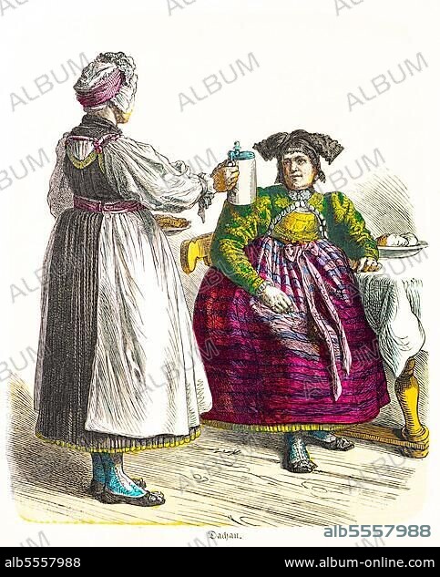 Münchener Bilderbogen, Kostüme, Dachau, Bayern, 19. Jahrhundert, Tracht, zwei alte Frauen, essen, trinken, Tisch, Stuhl, Holzdielen, Porträt, historische Illustration 1890.