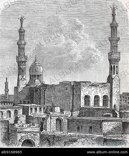 The Great Mosque of Damiette in 1880, a port city and capital of the Egyptian governorate of the same name, Damiette, on the Mediterranean Sea and the Nile Delta, Egypt, Historic, digitally restored reproduction of a 19th century original, exact original date unknown, Africa.
