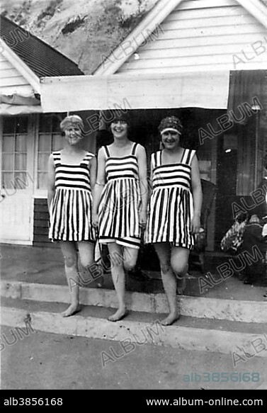 Fashion, swimwear, three women in the same striped swimsuits, 1920s, Germany, Europe.