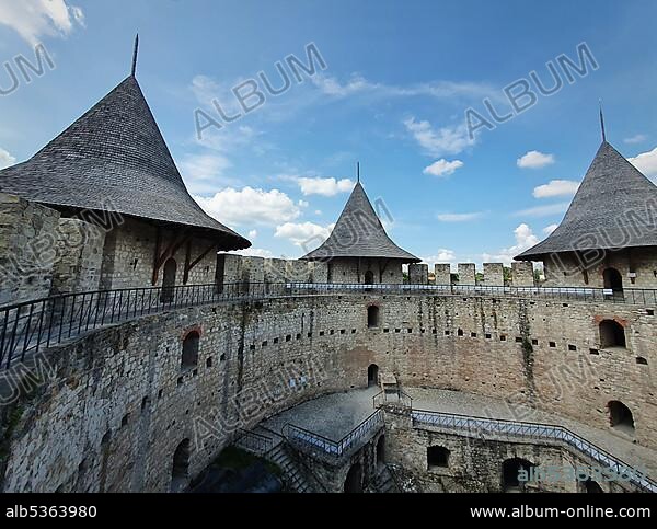 Soroca Fortress view from inside. Ancient military fort, historical landmark located in Soroca city, Moldova. Old stone walls fortifications, towers and bastions of medieval citadel.