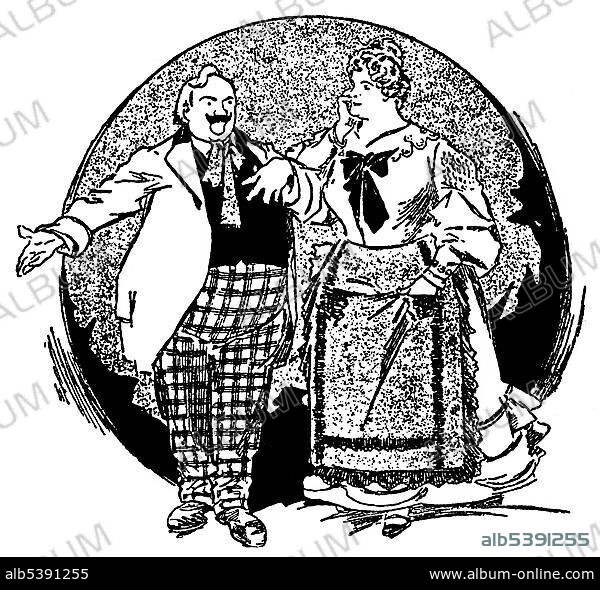 Caricature of Enrico Caruso and Marcella Sembrich playing the lead roles of a performance of La BohÃ¨me, an opera by Giacomo Puccini.