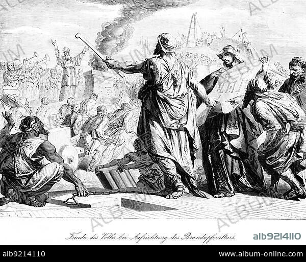 Joy of the People at the Erection of the Altar of Burnt Offering, Crowd, Fire, Sacrifice, Altar, Outdoors, Scripture, Floor Plan, Drawing, Carts, Build, Trumpets, Priests, Bible, Old Testament, The Book of Ezra, Historical Illustration circa 1850.