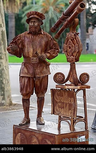 Mime, living statue, street artist, depicting Galileo Galilei, La Rambla, Barcelona, Catalonia, Spain, Europe.