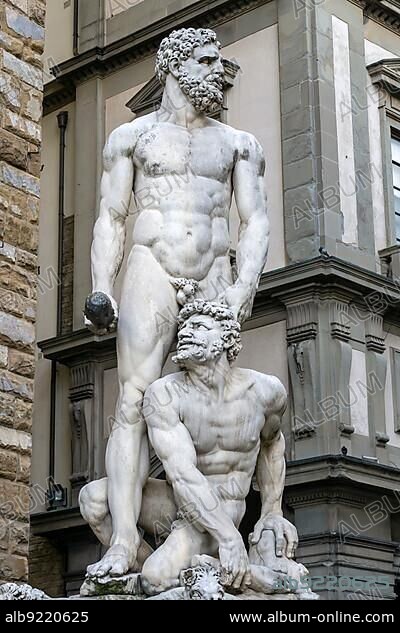 FLORENCE, TUSCANY/ITALY - OCTOBER 19 : Hercules and Cacus statue by Baccio Bandinelli in the Piazza della Signoria Florence on October 19, 2019.