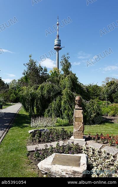 Salvador Allende Memorial and Donauturm Tower, in the Donaupark, Vienna, Austria, Europe.