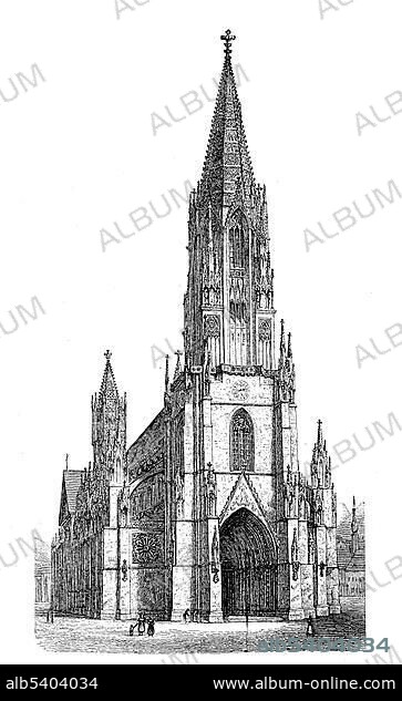 Freiburg Minster, the cathedral of Freiburg im Breisgau, 1889, historical woodcut, Germany, Europe.