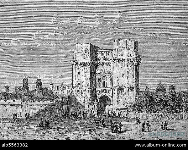 Torres de Serrano, Porta dels Serrans, Serranos-Türme, ein Stadttor in Valencia, Spanien, um 1870, digital restaurierte Reproduktion einer Originalvorlage aus dem 19. Jahrhundert, genaues Originaldatum nicht bekannt.