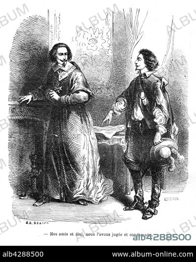 The Three Musketeers. D'Artagnan and the Cardinal de Richelieu. Engraving, 19th century . Alexandre Dumas. Private collection.