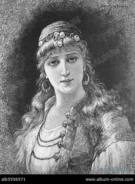 Aida, woman as a character from the opera by Giuseppe Verdi, after a painting by E. Eismann-Semenowsky, Historical, digital reproduction of an original from the 19th century.