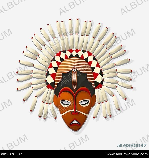 Wooden tribal mask drawing; vector illustration.