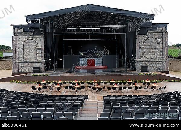 Open-air stage in Xanten Arena, summer festival in a Roman ampitheatre, empty stage, Xanten archaeological park, Lower Rhine region, North Rhine-Westphalia, Germany, Europe.