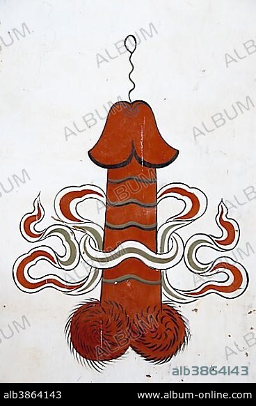 Wall-painting, erect penis, phallus, Chimi Lhakhang-Monastery of the Holy Drukpa Kuenleg, Drukpa Kunley, Metsina near Punakha, Himalayas, Kingdom of Bhutan, South Asia, Asia.