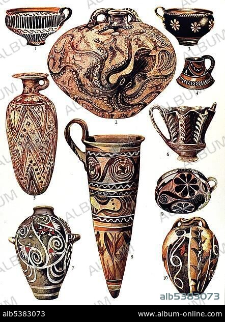 Historic illustration, Aegean ornaments, Cretan ceramics.