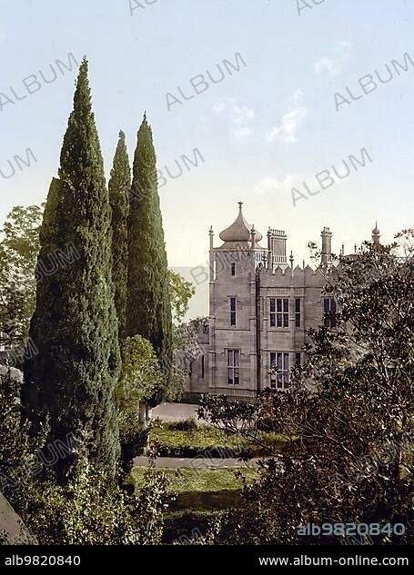 Vorontsov Palace; Alupka; town in Ukraine on the subtropical southern coast of the Crimean Peninsula in the Black Sea; Russia; c. 1890; Historic; digitally enhanced reproduction of a photochrome print of the period; Europe.