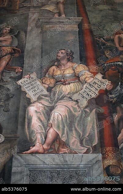 Detail of the painting Battle of the Milvian Bridge in the Sala di Costantino, seated woman, Vatican chambers, Vatican Museums, Old Town, Vatican City, Italy, Europe.