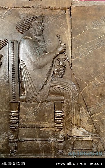 Ancient treasure house relief of the Achaemenids, audience relief of the Persian king Darius I, seated on the throne, archaeological relic from the ancient Persian city of Persepolis, National Museum of Iran, Tehran, Iran, Asia.