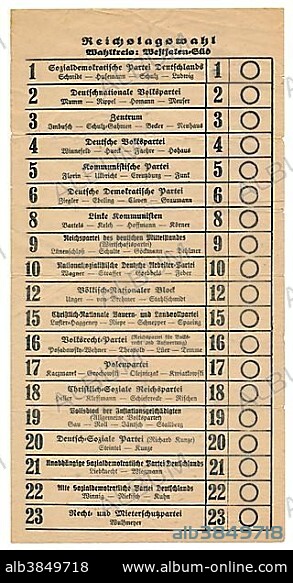 Original ballot for parliamentary elections on May 20, 1928, German Empire, Germany, Europe.