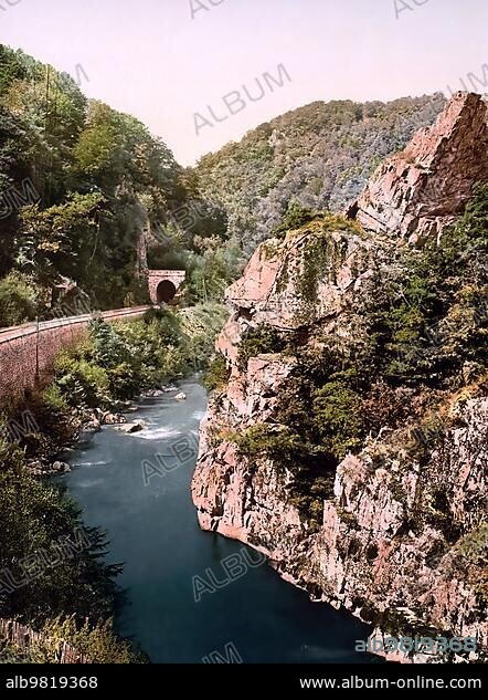 Le Cantal; gorge of the river Cere; Auvergne; France; c. 1890; Historic; digitally enhanced reproduction of a photochrome print from 1895; Europe.