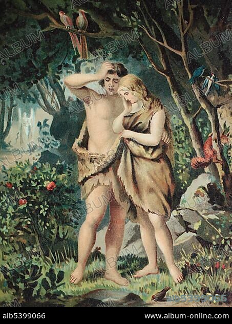 Adam and Eve in Paradise, chromolithograph from a home bible, 1870.