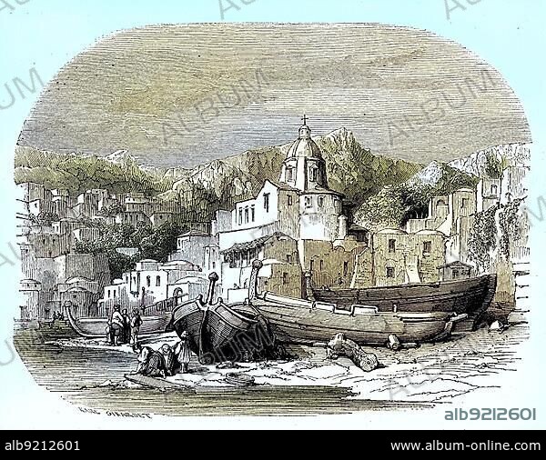 Positano on the Amalfi Coast, c. 1882, Campania, Italy, Historic, digitally restored reproduction of a 19th century original, exact date unknown, Europe.