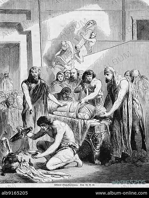 Joseph's embalming, Egypt, die, oil, anoint, ark, jar, flask, watering, many people, embalming, mummy, craft, Bible, Old Testament, First Book of Moses, Chapter 50, Verse 26, historical illustration 1850, Africa.