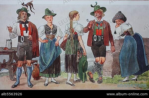 Mode, Trachten, Kleidung in Italien und Österreich um 1850, von links, Mann und Frau in Tracht aus dem Pustertal, dann aus dem Ötztal, Deutsch-Tirol und Frauen in Tracht vom Brennerpass mit konischem Biberpelzhut, digital verbesserte Reproduktion einer Illustration aus dem 19. Jahrhundert.