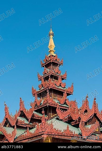 Ornate roof of Hsandawtwin, Shwedagon Pagoda, Yangon, Myanmar, Burma, Asia.
