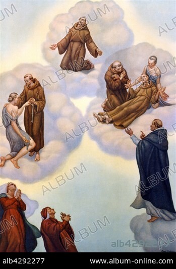 Amos Nattini (1892-1985), "The Divine Comedy" by Dante Alighieri (1265-1321). Paradiso (Paradise), Fourth Sphere: The Sun. Canto XI; Encounter with Thomas Aquinas, who praises the virtues of St. Francis of Assisi and regrets the decline of the Dominican order.. Private collection.. In 1921, for Dante Aligheri's 600th anniversary of death, the Istituto Nazionale Dantesco chose Amos Nattini to illustrate The Divine Comedy. The illustrations have been published in 1923.