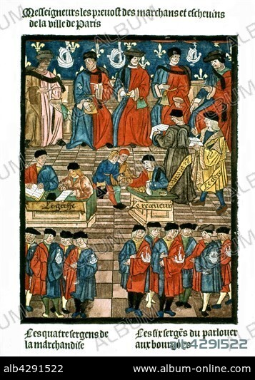 Frontispiece of the Royal Edict of the Paris merchants' provotship.. The merchants' provosts and aldermen of Paris. 1500. France. Paris. Bibliothèque de l'arsenal.
