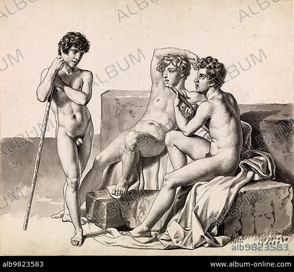 Three young naked boys standing or sitting between stone blocks; after a painting by Christoffer Wilhelm Eckersberg (2 January 1783) (22 July 1853); Historic; digitally restored reproduction from a 19th century original.