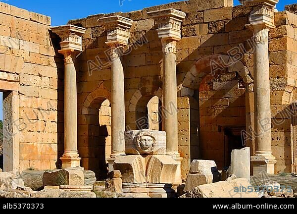 Head of Medusa, Severan Forum, Ruins of the Roman City Leptis Magna, Libya, Africa.