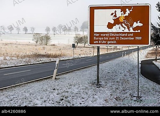 A signpost indicates the former borderline between East and West Germany, Nentschau, Bavaria, Germany, Europe.