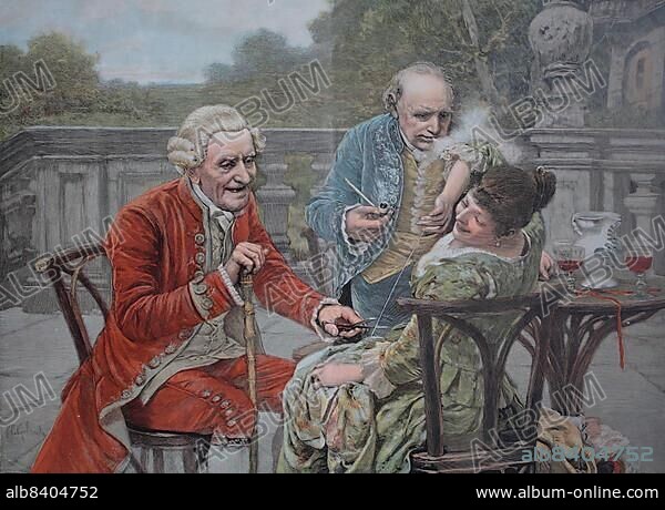A distinguished company on a Sunday afternoon, a man blowing pipe smoke into a woman's face. Colour print as art supplement Zur guten Stunde, 1897. After a painting by P. C. Gilardi, Loose Pranks, Historical, digitally restored reproduction of an original 19th century original.