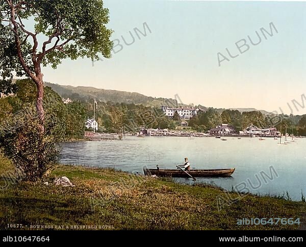 Windermere, the largest lake in England, Bowness, Bay and Belsfield Hotel, Lake District, ca 1895, England, Historical, digitally restored reproduction from a 19th century original, the largest lake in England, Bay and Belsfield Hotel, Historical, digitally restored reproduction from a 19th century original.