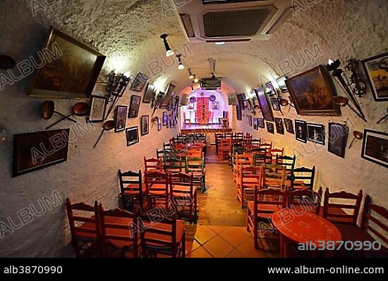 Stage in a former cave home, Los Tarantos flamenco club, Sacromonte, Granada, Granada province, Andalusia, Spain, Europe.