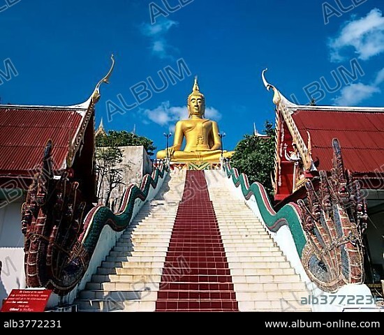 Stairs to the 12m high Big Buddha statue, Wat Phra Yai Temple, Bo Phut, Ko Samui, Southern Thailand, Thailand, Asia.