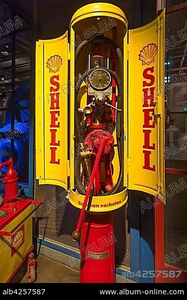 Old Shell gas station column, around 1930, Museum for Industrial Culture, Nuremberg, Middle Franconia, Bavaria, Germany, Europe.