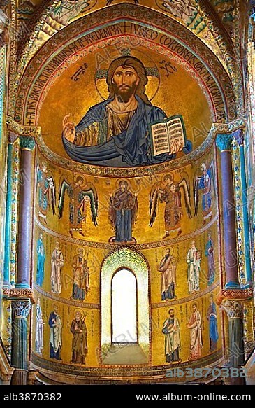 Byzantine mosaic of Christ Pantocrator, Mary and the Apostles in the Duomo of Cefalu, Sicily, Italy, Europe.