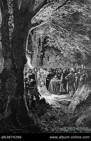 Margrave Christoph I of Baden, 1453 - 1527, holding a Fehmgericht, Vehmic court, in his lands, historical wood engraving, 1886.