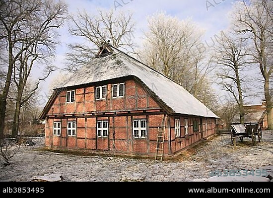 Museum of local history in winter, Wilsede, Lueneburg Heath, Lower Saxony, Germany, Europe.