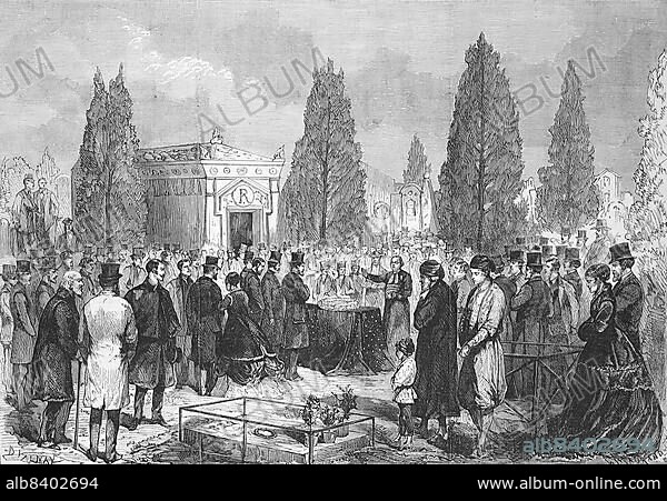 The funeral of Baron James de Rothschild, Jakob Mayer Rothschild, James de Rothschild (15 May 1792 - 15 November 1868) was the founder of the French branch of the influential Rothschild banking family, Historic, digitally restored reproduction of an original 19th century artwork, exact original date unknown.