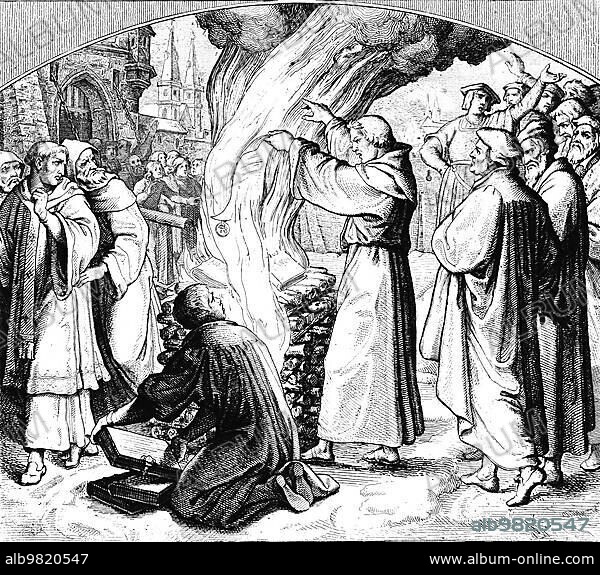Martin Luther burning the papal bull of excommunication in Wittenberg; year 1520; pope; catholic church; protentatism; religion; controversy; judgement; fire; cityscape; 16th century; historical illustration around 1860.