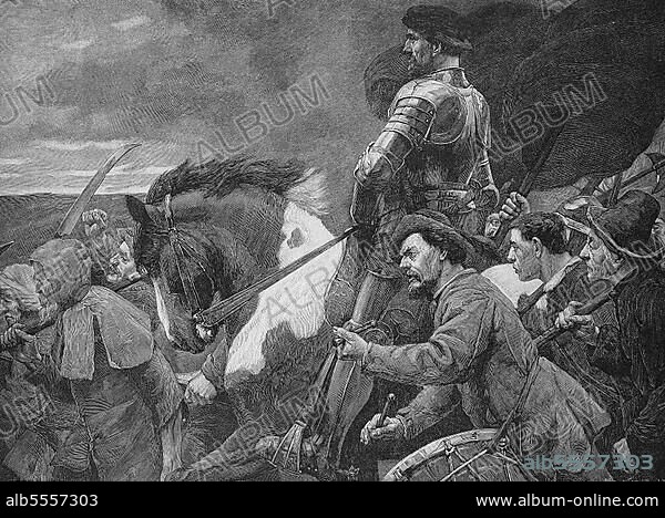 Florian Geye, Florian Geier von Giebelstadt, geboren um 1490 in Giebelstadt, 10. Juni 1525, ein fränkischer Reichsritter, Truppenführer im Dienst des Markgrafen Albrecht von Brandenburg-Ansbach und Diplomat. Er übernahm im Bauernkrieg 1525 die Führung des Schwarzen Haufens, Historisch, digitale Reproduktion einer Originalvorlage aus dem 19. Jahrhundert, Originaldatum nicht bekannt.