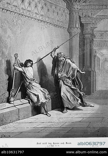 Saul throws the spear at David, 1st book of Samuel, chapter 18, harp, temple room, sitting, spear, kill, murder, fear, Bible, Old Testament, historical illustration 1885.