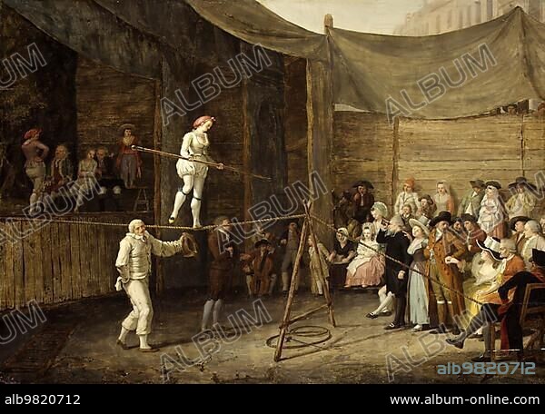 The tightrope walker; artists performing around 1800; circus; travelling circus; painting by Leonard Defrance; Historic; digitally restored reproduction from an 18th or 19th century original.
