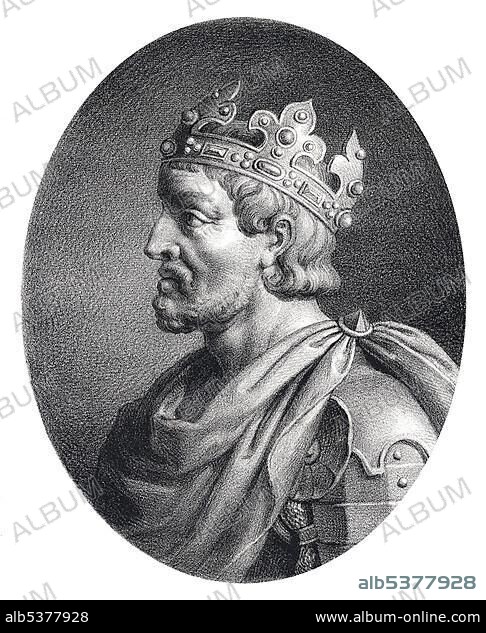 Historical steel engraving from the 19th Century, portrait, the French aristocrat Pepin le Bref or Pepin the Younger or Pepin III or Pippin the Short, King of the Franks from the dynasty of the Carolingians and the father of Charlemagne, 8th Century.