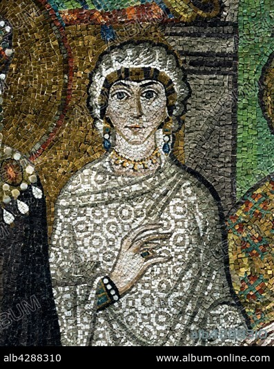 Basilica San Vitale in Ravenna (Italy). Mosaic of the right part of the apse: the cortege of the imperialist Theodora. Detail: Antonina. 6th century.. Its construction was begun by Bishop Ecclesius in 527, and completed in 548 by the twenty-seventh Bishop of Ravenna, Maximianus.