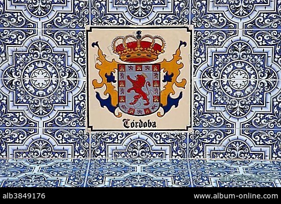 Tiles on a bench with the coat of arms of Cordoba, Torremolinos, Andalusia, Spain, Europe, PublicGround, Europe.